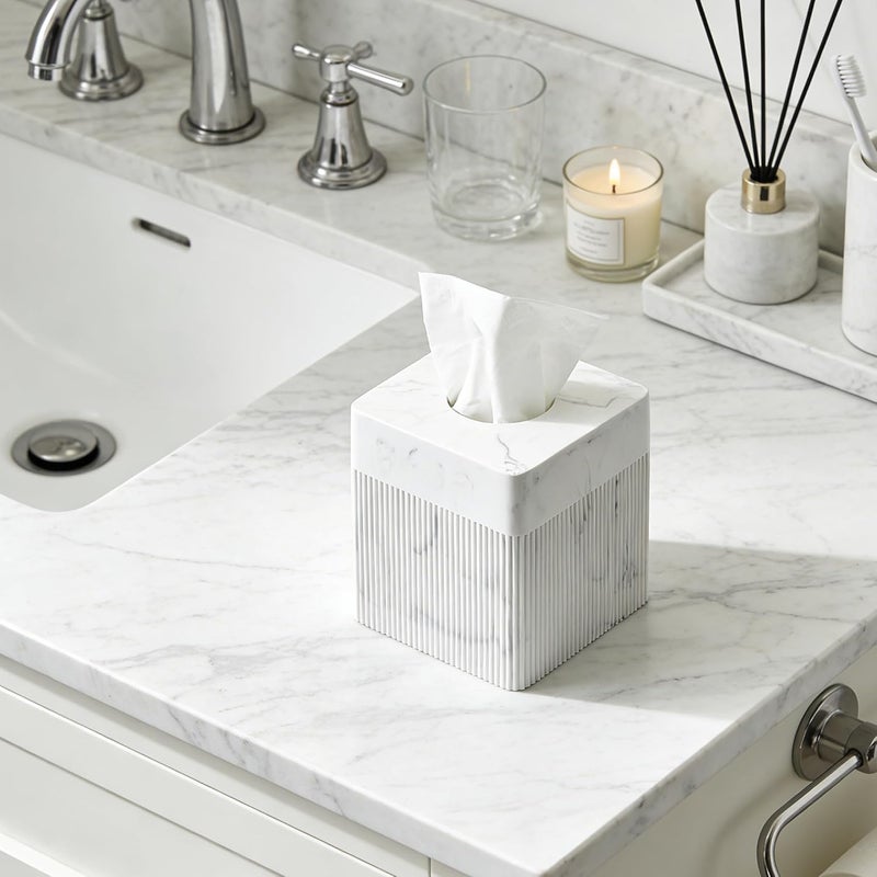 Polytree White Tissue Box Cover Square Resin Tissue Holder for Home Decor, Hand Poured Marble Ribbed Cube Tissue Box Holder – 5.5 Inch Heavy Duty Luxury Tissue Box Case for Bathroom, Living Room, Office - Image 3